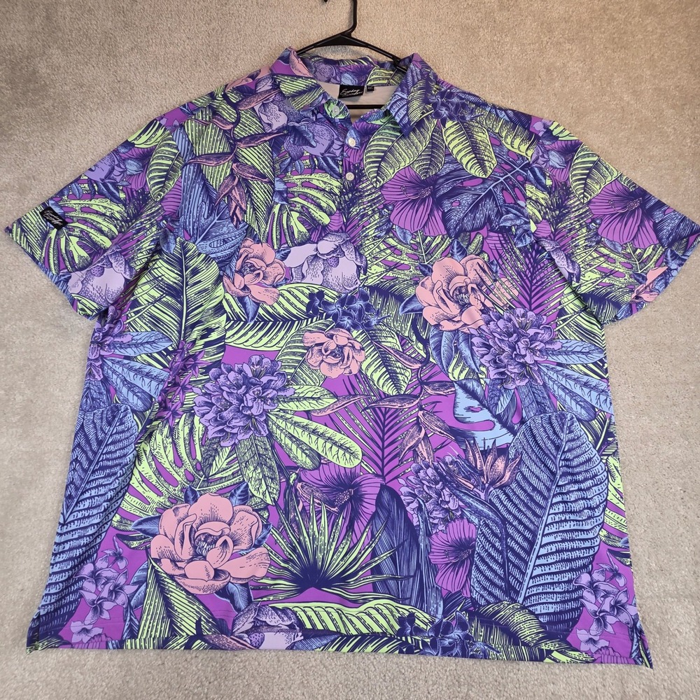 Sunday Swagger Mens 4XL Tropical Floral Performance Golf Polo Purple Blue Green